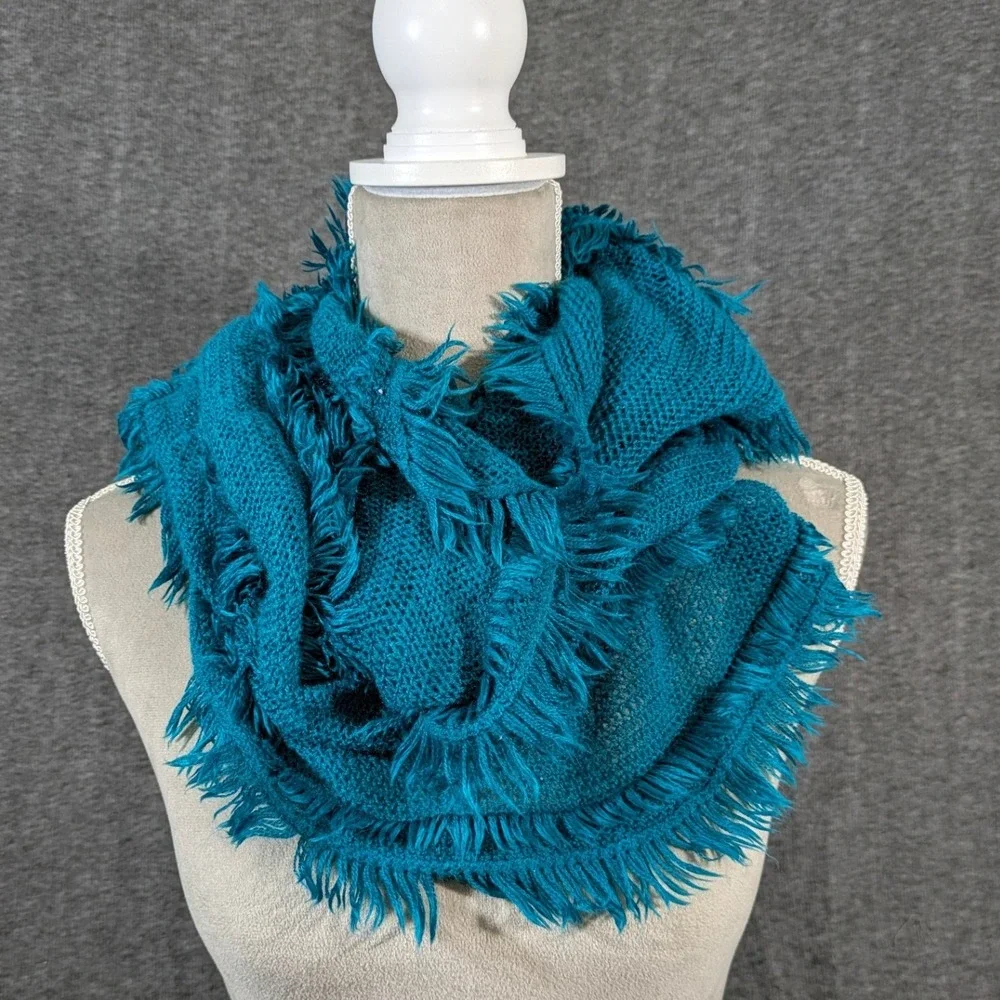Teal Blue Eyelash Fringe Infinity Scarf Open Knit Acrylic Boho Circle Scarf